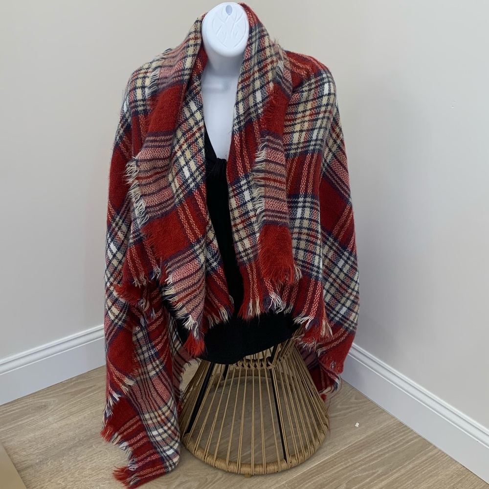Oversized wrap red navy white plaid blanket scarf shawl